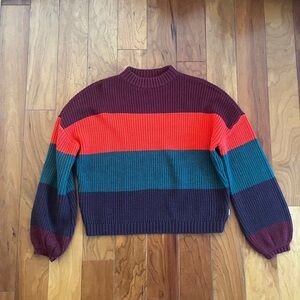 Brixton Women's Colorblock Sweater in Burgundy, Coral, and Teal